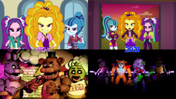 Size: 3840x2160 | Tagged: safe, derpibooru import, edit, screencap, adagio dazzle, aria blaze, sonata dusk, better together, equestria girls, rainbow rocks, sunset's backstage pass!, bonnie, chica, comparison, crossover, evil grin, five nights at freddy's, five nights at freddy's security breach, freddy fazbear, glamrock chica, glamrock freddy, grin, montgomery gator, roxanne wolf, smiling, the dazzlings