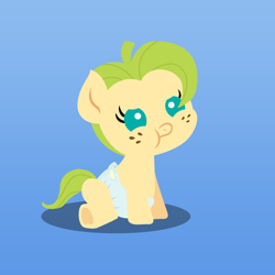 Size: 1440x1440 | Tagged: safe, anonymous artist, derpibooru import, oc, oc only, oc:sour apple, earth pony, pony, series:fm holidays, baby, baby pony, female, filly, freckles, frog (hoof), gradient background, offspring, parent:big macintosh, parent:fluttershy, parents:fluttermac, pouting, sitting, underhoof