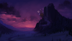 Size: 2560x1440 | Tagged: safe, artist:marsminer, derpibooru import, edit, canterlot, canterlot mountain, cloud, fireworks, forest, mountain, no pony, river, scenery, scenery porn, sky, stars, twilight (astronomy)