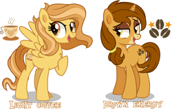 Size: 1600x1015 | Tagged: safe, artist:n0kkun, derpibooru import, oc, oc only, oc:brown energy, oc:light coffee, pegasus, pony, unicorn, female, mare, simple background, transparent background