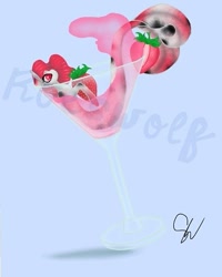 Size: 393x492 | Tagged: safe, artist:roeswolfcreations, derpibooru import, oc, oc only, mermaid, merpony, pony, cocktail glass, cup, cup of pony, food, micro, signature, solo, strawberry