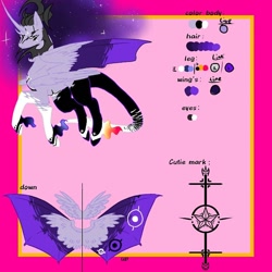 Size: 768x768 | Tagged: safe, artist:_goddesskatie_, derpibooru import, oc, oc only, alicorn, bat pony, bat pony alicorn, pony, abstract background, bat pony oc, bat wings, ethereal mane, female, horn, mare, reference sheet, solo, starry mane, wings