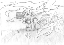 Size: 3494x2474 | Tagged: safe, artist:pegasski, derpibooru import, oc, oc only, earth pony, pony, fallout equestria, clothes, earth pony oc, female, flag, grayscale, lineart, mare, monochrome, solo, traditional art