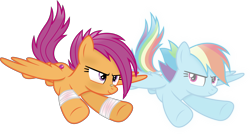 Size: 6015x3278 | Tagged: safe, artist:anime-equestria, derpibooru import, rainbow dash, scootaloo, ghost, pegasus, undead, alternate hairstyle, bandage, bandaid, bandaid on nose, duo, female, flying, mare, older, older scootaloo, simple background, transparent background, vector, wings