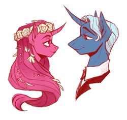 Size: 1101x1041 | Tagged: safe, artist:miss_glowwormis, derpibooru import, pony, unicorn, crossover, female, hades, looking at each other, lore olympus, male, persephone, shipping, simple background, straight, white background