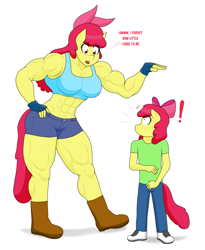 Size: 1793x2191 | Tagged: safe, artist:matchstickman, derpibooru import, apple bloom, anthro, earth pony, plantigrade anthro, abs, apple bloom's bow, apple bloomed, apple brawn, biceps, boots, bow, breasts, clothes, deltoids, dialogue, duo, exclamation point, female, filly, fingerless gloves, gloves, hair bow, jeans, looking at each other, mare, matchstickman's apple brawn series, muscles, older, older apple bloom, pants, self ponidox, shirt, shocked, shoes, shorts, simple background, thighs, thunder thighs, time paradox, tumblr comic, tumblr:where the apple blossoms, white background, wtf