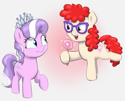 Size: 2572x2092 | Tagged: safe, artist:heretichesh, derpibooru import, diamond tiara, twist, earth pony, pony, candy, colored, duo, duo female, female, filly, food, glasses, lollipop, raised leg, simple background, sparkling