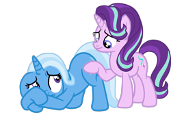 Size: 1314x867 | Tagged: safe, artist:gmaplay, derpibooru import, starlight glimmer, trixie, pony, unicorn, butt touch, hoof on butt, scared, simple background, transparent background