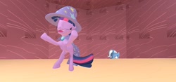 Size: 1280x600 | Tagged: safe, artist:th3m4nw1thn0n4m3, derpibooru import, trixie, twilight sparkle, twilight sparkle (alicorn), alicorn, pony, unicorn, 3d, accessory theft, cape, clothes, eyes closed, gmod, hat, imitation, open mouth, rearing, source filmmaker, trixie is not amused, trixie's cape, trixie's hat, unamused