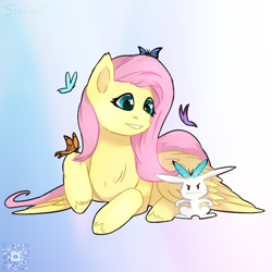 Size: 1000x1000 | Tagged: safe, artist:sinrinf, derpibooru import, angel bunny, fluttershy, butterfly, pegasus, pony, angel is a bunny bastard, angel is not amused, cute, lying down, prone, qr code, shyabetes, simple background, solo, sticker, unamused