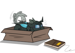 Size: 1152x821 | Tagged: safe, artist:rokosmith26, derpibooru import, part of a series, part of a set, oc, oc only, oc:tarsi, changeling, bait, behaving like a cat, book, box, changeling in a box, changeling oc, commission, ears, eyes on the prize, floppy ears, glasses, horn, if i fits i sits, imminent pounce, looking at something, lying down, male, roko's hunting ponies, simple background, solo, string, tail, transparent background, wings, ych result