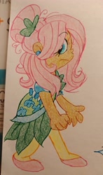 Size: 2439x4148 | Tagged: safe, artist:mirabuncupcakes15, derpibooru import, fluttershy, human, alternate hairstyle, clothes, dress, ear piercing, earring, female, flats, humanized, jewelry, piercing, shoes, socks, solo, stockings, thigh highs, traditional art