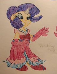 Size: 3013x3917 | Tagged: safe, artist:mirabuncupcakes15, derpibooru import, rarity, human, alternate hairstyle, clothes, dress, eyeshadow, female, flats, gloves, grin, horn, horned humanization, humanized, makeup, shoes, simple background, smiling, solo, traditional art, white background