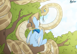 Size: 5000x3500 | Tagged: safe, artist:fluffyxai, derpibooru import, oc, oc only, oc:anika, pegasus, pony, snake, coils, commission, fetish, hypno eyes, hypnosis, hypnosis fetish, male, stallion, tree, ych result