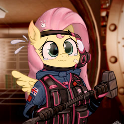 Size: 2000x2000 | Tagged: safe, artist:fchelon, derpibooru import, fluttershy, anthro, pegasus, adorable distress, bandaid, british flag, bust, cheek fluff, clothes, crossover, crying, cute, emanata, female, gas mask, hair accessory, hairpin, hammer, high res, holding, indoors, looking at you, mare, mask, military, military uniform, rainbow six siege, sas, shyabetes, sledgehammer, solo, spread wings, stray strand, sweat, tactical vest, teary eyes, three quarter view, uniform, union jack, vest, wavy mouth, winged anthro, wings