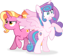 Size: 4382x3899 | Tagged: safe, artist:kojibiose, derpibooru import, luster dawn, princess flurry heart, alicorn, pony, unicorn, the last problem, absurd resolution, angry, bipedal, duo, duo female, female, mare, older, older flurry heart, raised hoof, raised leg, simple background, spread wings, teeth, transparent background, vector, wings