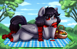 Size: 3318x2095 | Tagged: safe, artist:pridark, oc, oc only, pegasus, pony, chili pepper, commission, eating, female, grass, high res, looking at you, picnic, picnic blanket, solo