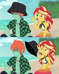 Size: 4197x5272 | Tagged: safe, artist:floonasif, sunset shimmer, oc, oc:ruby sword, equestria girls, abs, beach, bikini, bikini top, canon x oc, clothes, commission, dawwww, female, glare, grumpy, hat, hatless, love, male, missing accessory, shipping, show accurate, straight, sunsword, swimsuit