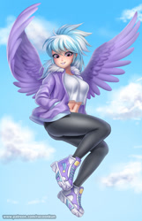 Size: 967x1500 | Tagged: safe, artist:racoonsan, cloudchaser, human, belly button, clothes, cloud, commission, cutechaser, flying, humanized, jacket, looking at you, midriff, pants, shoes, solo, winged humanization, wings