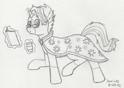 Size: 872x624 | Tagged: safe, artist:hericks, oc, oc only, oc:dusky glow, book, cloak, clothes, coat markings, coffee, coffee cup, cup, doodle, grayscale, levitation, looking at you, magic, male, monochrome, offspring, parent:starlight glimmer, parent:sunburst, parents:starburst, pencil drawing, socks (coat marking), telekinesis, traditional art