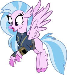 Size: 765x860 | Tagged: safe, artist:crystalmagic6, artist:ponygamer2020, derpibooru import, silverstream, classical hippogriff, hippogriff, fallout equestria, school daze, claws, clothes, cute, diastreamies, fallout, female, flying, full body, happy, jewelry, jumpsuit, necklace, open mouth, pipboy, simple background, smiling, solo, spread wings, transparent background, vault suit, vector, wings