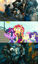 Size: 1920x3240 | Tagged: safe, derpibooru import, edit, edited screencap, screencap, fluttershy, rarity, sci-twi, sunset shimmer, twilight sparkle, robot, better together, cheer you on, equestria girls, autobot, background pony takeover in the comments, bayformers, comparison, cosmic rust, irl, ironhide, michael bay, paramount pictures, photo, ponied up, scitwilicorn, shrunken pupils, super ponied up, transformers, transformers dark of the moon