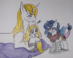 Size: 720x571 | Tagged: safe, artist:theumbramistress, derpibooru import, prince blueblood, oc, oc:charlotte lustermane, oc:eclipse sunshine, hybrid, pony, unicorn, father and child, father and daughter, female, filly, interspecies offspring, lying down, male, offspring, parent and child, parent:discord, parent:prince blueblood, parent:princess celestia, parent:trixie, parents:bluetrix, parents:dislestia, pillow, prone, traditional art, trio, unshorn fetlocks