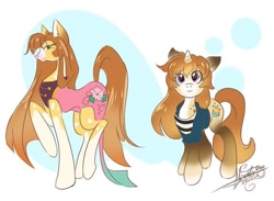 Size: 720x527 | Tagged: safe, artist:sakura_doujinshi_sd, derpibooru import, oc, oc only, earth pony, pony, unicorn, abstract background, clothes, coat markings, duo, earth pony oc, eyelashes, female, horn, mare, raised hoof, raised leg, signature, smiling, socks (coat marking), unicorn oc