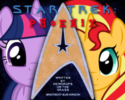 Size: 1280x1024 | Tagged: safe, artist:dewdrops on the grass, derpibooru import, sunset shimmer, twilight sparkle, unicorn twilight, pony, unicorn, fanfic:star trek: phoenix, cover art, crossover, duo, duo female, fanfiction art, female, mare, star trek, stars, text, vector