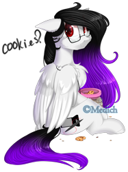 Size: 2015x2687 | Tagged: safe, artist:mediasmile666, derpibooru import, oc, oc only, pegasus, pony, chest fluff, cookie, ears, female, floppy ears, food, high res, looking at you, looking back, looking back at you, mare, pegasus oc, simple background, sitting, solo, transparent background