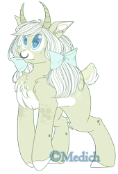 Size: 1947x2868 | Tagged: safe, artist:mediasmile666, derpibooru import, oc, oc only, bow, coat markings, curved horn, hair bow, high res, horn, smiling, solo