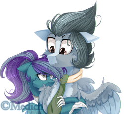 Size: 2446x2247 | Tagged: safe, artist:mediasmile666, derpibooru import, oc, oc only, pegasus, bust, chest fluff, clothes, duo, ears, female, floppy ears, high res, male, mare, scarf, simple background, spread wings, stallion, transparent background, wings