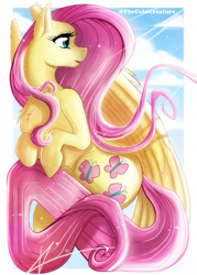 Size: 720x1003 | Tagged: safe, artist:cold-creature, derpibooru import, fluttershy, pegasus, pony, card, chest fluff, cloud, female, looking away, mare, open mouth, profile, sky, solo, wings