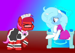 Size: 1650x1169 | Tagged: safe, artist:ngthanhphong, derpibooru import, oc, oc:jeremy sparkle, oc:ruby star, alicorn, earth pony, bow, clothes, crossdressing, dress, embarrassed, eyes closed, female, glasses, maid, male, mare, pouting, scar, stallion, throne, uniform