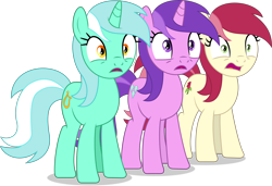 Size: 6712x4597 | Tagged: safe, artist:thatusualguy06, derpibooru import, amethyst star, lyra heartstrings, roseluck, sparkler, earth pony, pony, unicorn, absurd resolution, bags under eyes, faic, female, mare, open mouth, recolor, shocked, simple background, transparent background, trio, vector