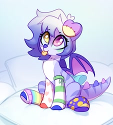 Size: 1752x1936 | Tagged: safe, artist:taneysha, derpibooru import, oc, dracony, dragon, hybrid, object pony, original species, pony, clothes, dragon tail, heterochromia, ponified, socks, solo, tail, toy, toy pony, wings