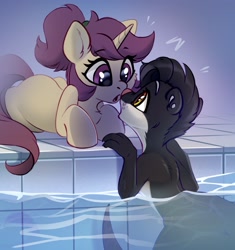 Size: 2568x2730 | Tagged: safe, artist:taneysha, derpibooru import, oc, oc:lavrushka, pony, unicorn, swimming pool, water