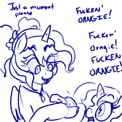 Size: 900x900 | Tagged: safe, artist:pony quarantine, derpibooru import, oc, oc only, oc:dyxkrieg, oc:syx, alicorn, pony, unicorn, duo, female, food, magical lesbian spawn, monochrome, mother and child, mother and daughter, offspring, orange, parent and child, parent:oc:dyx, parent:oc:luftkrieg, parents:oc x oc, simple background, vulgar, white background, wingding eyes