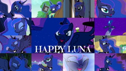 Size: 1280x721 | Tagged: safe, derpibooru import, edit, edited screencap, editor:quoterific, screencap, princess luna, alicorn, pony, a royal problem, between dark and dawn, bloom and gloom, do princesses dream of magic sheep, for whom the sweetie belle toils, luna eclipsed, princess spike (episode), princess twilight sparkle (episode), season 2, season 3, season 4, season 5, season 7, season 9, sleepless in ponyville, to where and back again, twilight's kingdom, spoiler:s09, book, clubhouse, crown, crusaders clubhouse, cute, eyes closed, female, jewelry, laughing, lunabetes, magic, mare, night, one eye closed, open mouth, ponytail, regalia, smiling, solo, telekinesis, wink
