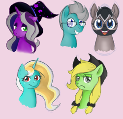 Size: 900x868 | Tagged: artist needed, safe, derpibooru import, oc, oc only, oc:from kum, oc:palmetto pret, oc:silver dawn, oc:sparkling fjord, oc:speedy keystroke, earth pony, pony, unicorn, /mlp/, bust, female, frown, glasses, hat, lidded eyes, male, mare, pigtails, ponified horse, quintet, simple background, smiling, stallion, wizard hat
