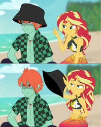 Size: 4197x5272 | Tagged: safe, artist:floonasif, derpibooru import, sunset shimmer, oc, oc:ruby sword, equestria girls, abs, bare shoulders, beach, bikini, bikini top, canon x oc, clothes, cringe, female, glare, grumpy, hat, hatless, male, missing accessory, shipping, show accurate, sleeveless, straight, sunsword, swimsuit