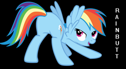 Size: 930x505 | Tagged: safe, artist:sircinnamon, artist:twilyisbestpone, derpibooru exclusive, derpibooru import, rainbow dash, pegasus, pony, black background, butt, face down ass up, female, lidded eyes, mare, rainbutt dash, simple background, smiling, solo, spread wings, vector, wings