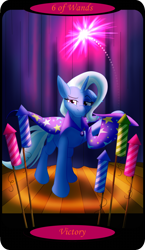 Size: 1500x2591 | Tagged: safe, artist:sixes&sevens, derpibooru import, trixie, pony, unicorn, cape, clothes, curtain, female, fireworks, hat, minor arcana, six of wands, solo, spotlight, stage, tarot card, trixie's cape, trixie's hat