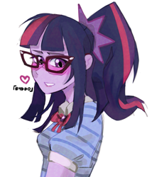 Size: 795x928 | Tagged: safe, artist:b4ddo, artist:miyuzkui, derpibooru import, sci-twi, twilight sparkle, equestria girls, blouse, female, floating heart, glasses, heart, ponytail, simple background, solo, white background