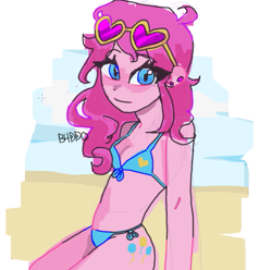 Size: 599x595 | Tagged: safe, artist:b4ddo, artist:miyuzkui, derpibooru import, pinkie pie, equestria girls, bikini, blue bikini, blue swimsuit, clothes, ear piercing, earring, female, heart shaped glasses, heart sunglasses, jewelry, looking at you, messy hair, piercing, sleeveless, solo, swimsuit