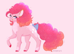 Size: 2136x1556 | Tagged: safe, artist:nyota71, derpibooru import, pinkie pie, earth pony, pony, alternate hairstyle, belly fluff, body markings, bow, chest fluff, colored hooves, ear fluff, ears, female, looking at you, mare, multicolored hair, redesign, smiling, solo, spots, tail bow, tongue, tongue out