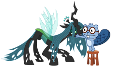 Size: 3307x1860 | Tagged: safe, artist:culu-bluebeaver, derpibooru import, queen chrysalis, oc, oc:culu, beaver, changeling, changeling queen, canon x oc, cartoon, chair, crown, digital, digital art, fanart, female, glasses, happy tree friends, horn, jewelry, looking at each other, male, open mouth, png, regalia, simple background, smiling, straight, transparent background, vector, wings