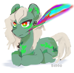 Size: 1207x1178 | Tagged: safe, artist:b4ddo, artist:miyuzkui, derpibooru import, oc, oc only, oc:datura, earth pony, pony, blood, female, lying down, mare, ponysona, rainbow blood, solo