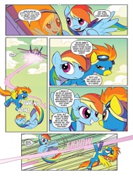 Size: 768x1024 | Tagged: safe, artist:priscilla tramontano, derpibooru import, idw, rainbow dash, spitfire, pegasus, spoiler:comic, spoiler:the magic of cybertron02, clothes, cybertronian, decepticon, female, flying, laser, laughing, starscream, the magic of cybertron, transformers, uniform, wonderbolts, wonderbolts uniform