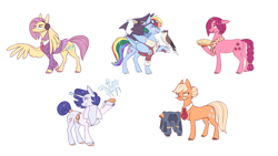 Size: 3500x1968 | Tagged: safe, artist:28gooddays, derpibooru import, applejack, fluttershy, pinkie pie, rainbow dash, rarity, bald eagle, bird, eagle, earth pony, hawk, pegasus, pony, unicorn, magical mystery cure, alternate hairstyle, alternate universe, apple, apple pie, applejack is not amused, bags under eyes, belt, bomber jacket, braided tail, clothes, cloud, cloud sculpting, collar, eyeshadow, falcon, falconer, food, glasses, goggles, grin, hair bun, headset, jacket, magic, makeup, neckerchief, necktie, party planning, pie, short hair, short mane, skirt, smiling, suit, swapped cutie marks, unamused, what if, wing hands, wings